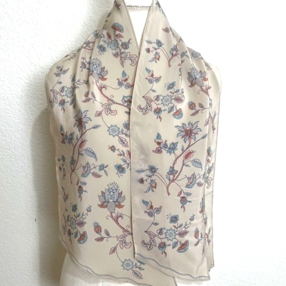 Floral Silk Blend Ivory Blue Pink Floral Print Accent Scarf Hair Tie - Picture 3 of 10